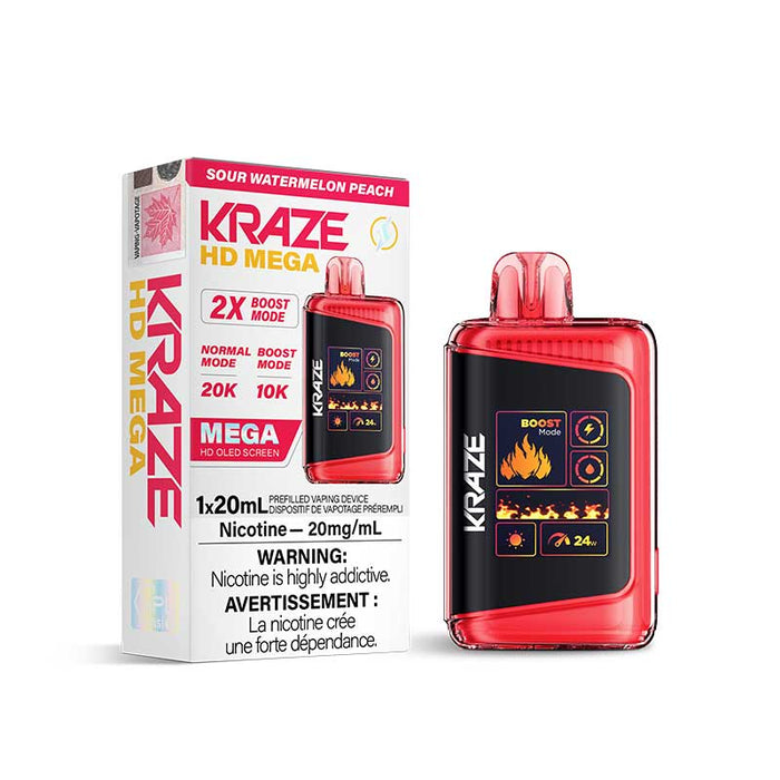 Kraze HD Mega Disposable Sour Watermelon Peach 20mg